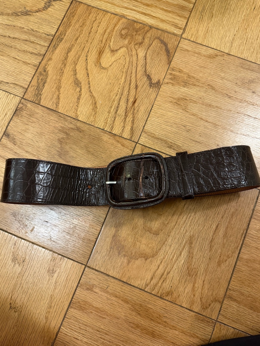 Sherry Cassin crocodile-embossed leather belt in brown